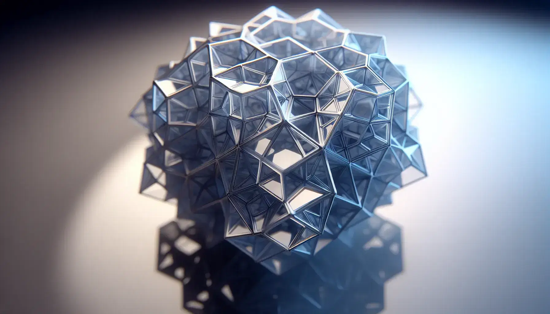 Intricate translucent blue polyhedron with various shaped faces on reflective surface, casting soft shadows, highlighting its complex geometry.