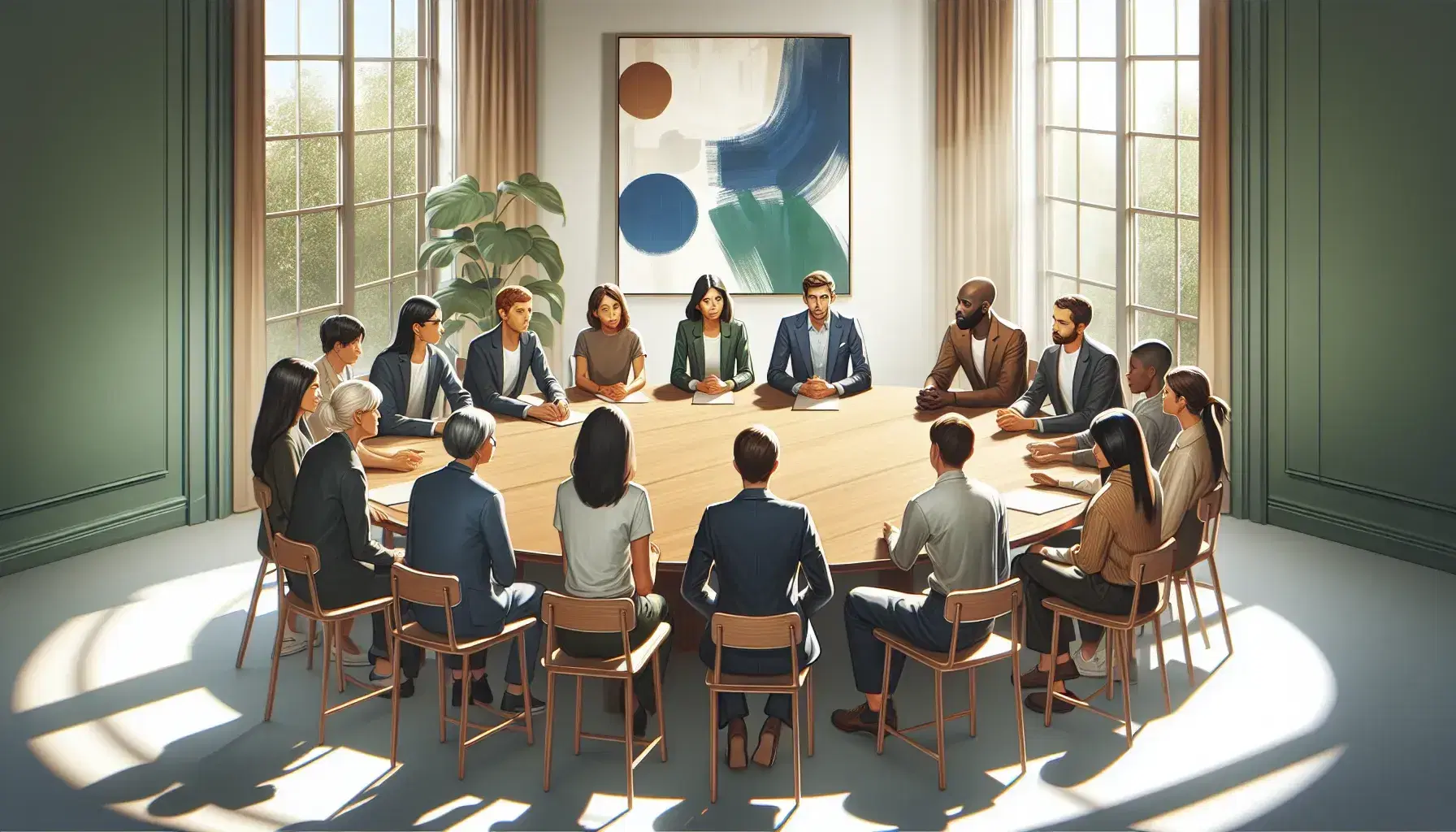 Multicultural group of men and women in a bright meeting room, discussing around an oval table with one person leading the discussion.