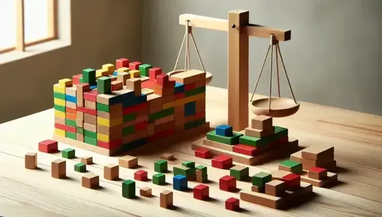 Bloques de construcción de madera en colores y tamaños variados con una torre central y una balanza con bloques equilibrando un bloque grande.