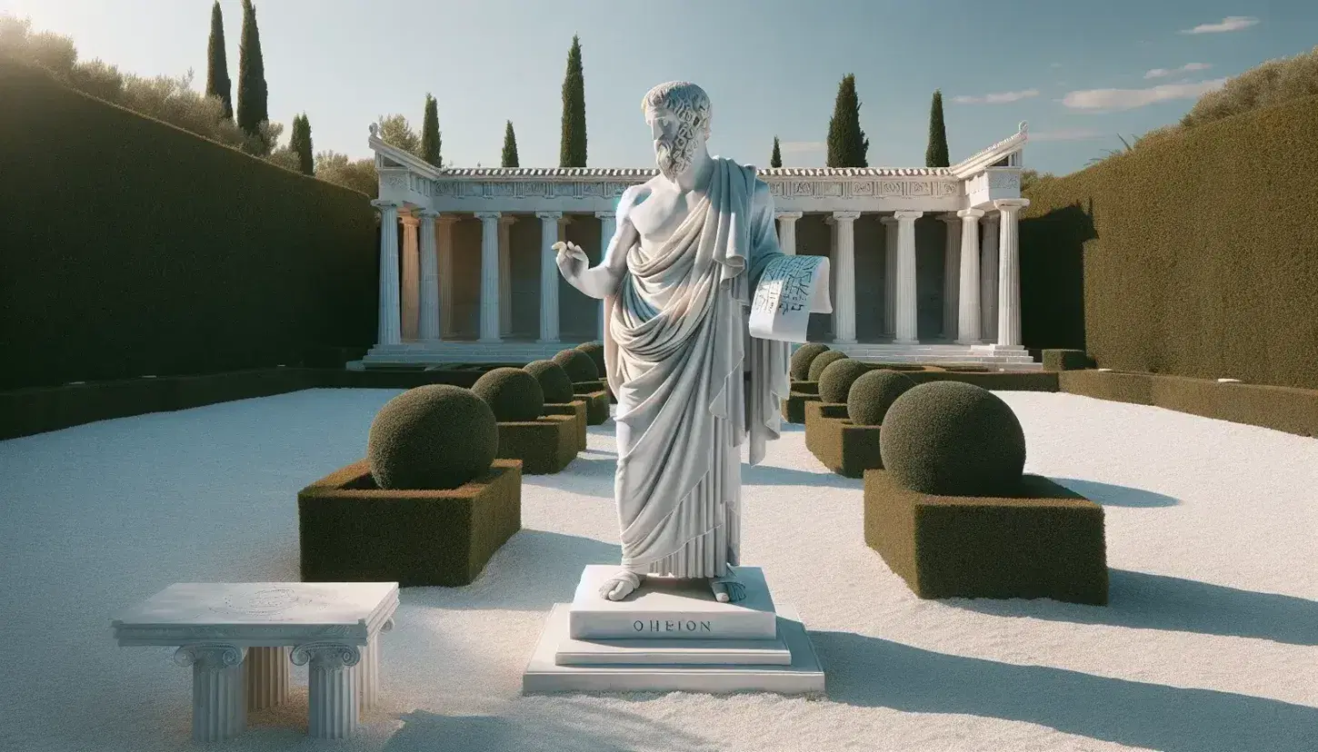 Estatua de mármol blanco de Platón en jardín clásico, con el filósofo de pie sosteniendo un papiro y extendiendo su mano derecha, rodeado de columnas dóricas y cielo despejado.