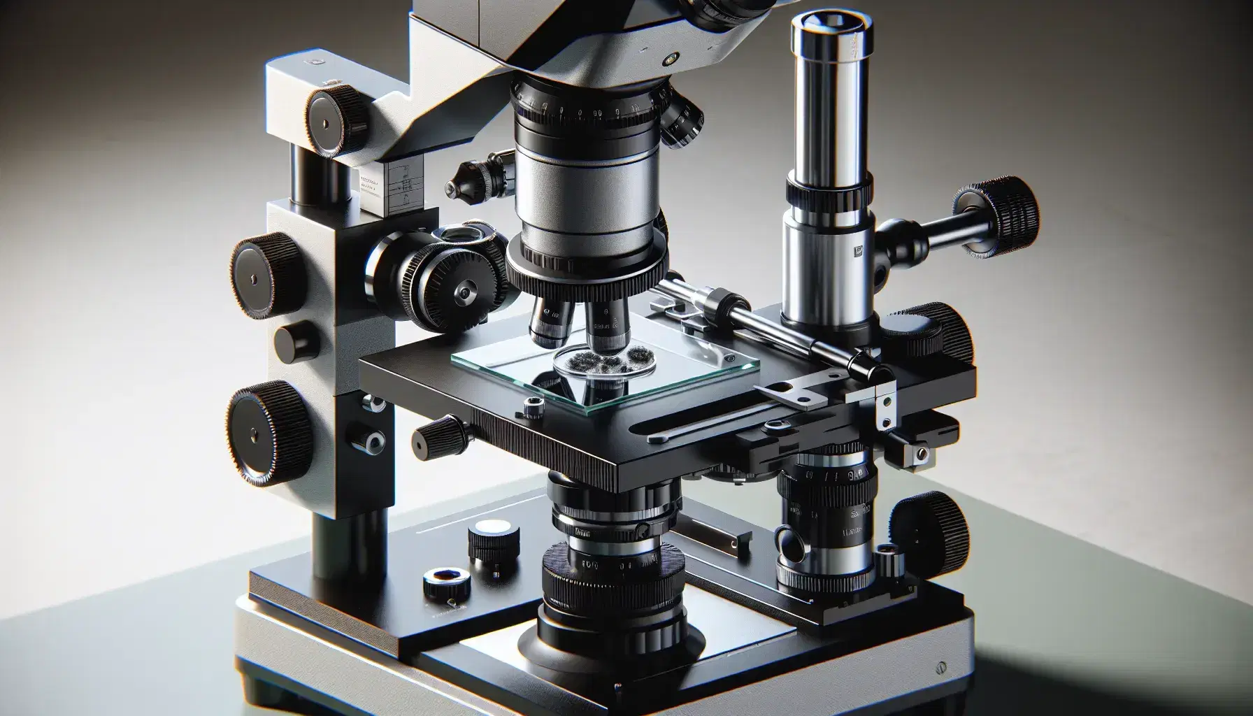 Microscopio óptico moderno enfocado en componentes metálicos y plásticos, con base estable, tubo óptico, controles de enfoque, ocular, platina con portaobjetos y objetivos en torreta giratoria.