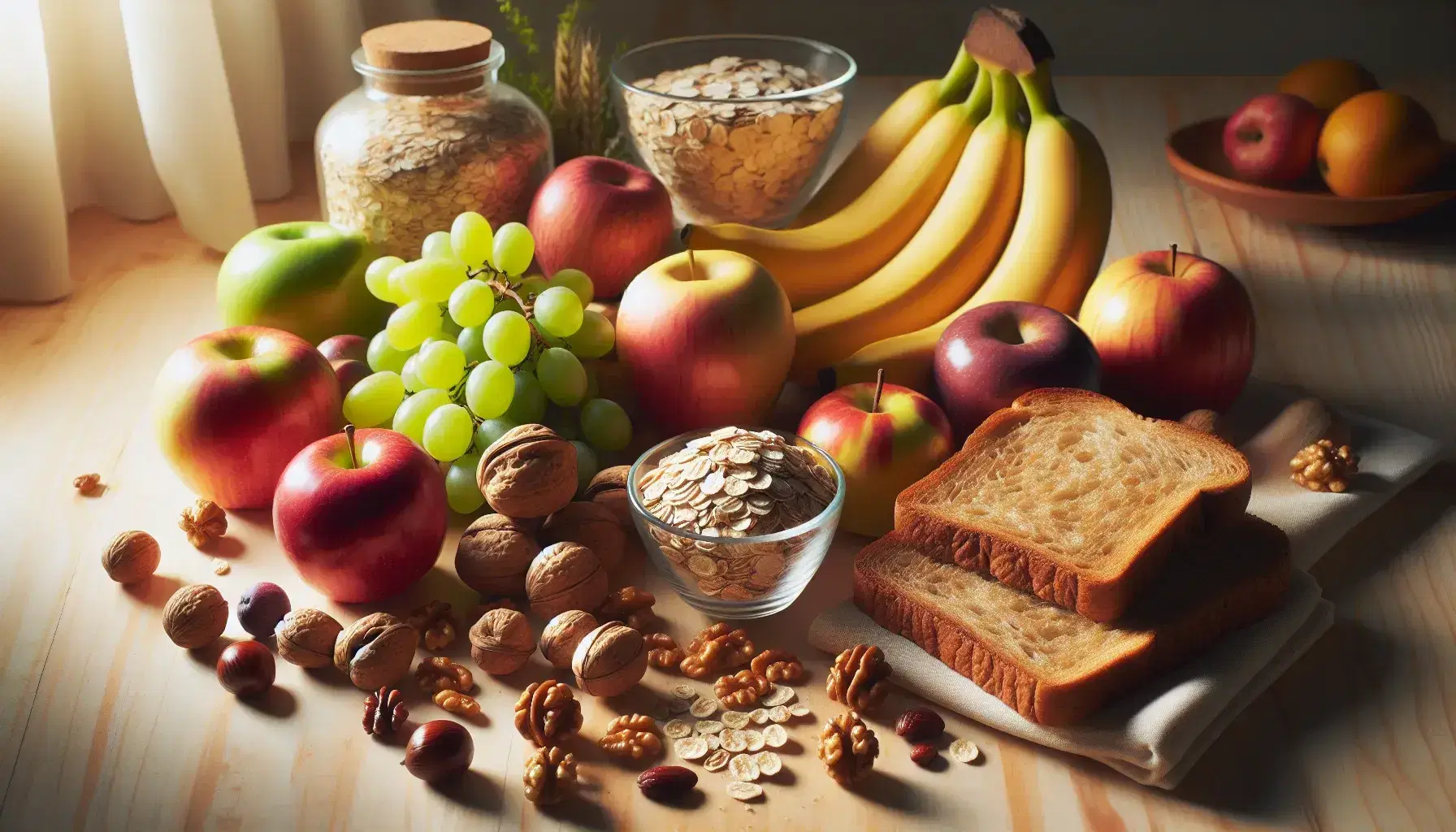 Variedad de alimentos saludables con frutas frescas, nueces, avena y pan integral en superficie de madera iluminada naturalmente.
