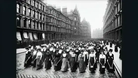 Women marching for women's suffrage on cobbled street, dressed in Edwardian style, with decorated placards and hats, early 20th century.