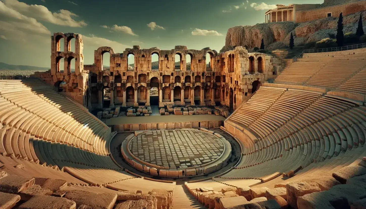 Ancient Theater of Dionysus in Athens with tiered stone seating, orchestra area, and skene backdrop under a clear blue sky, surrounded by olive trees.