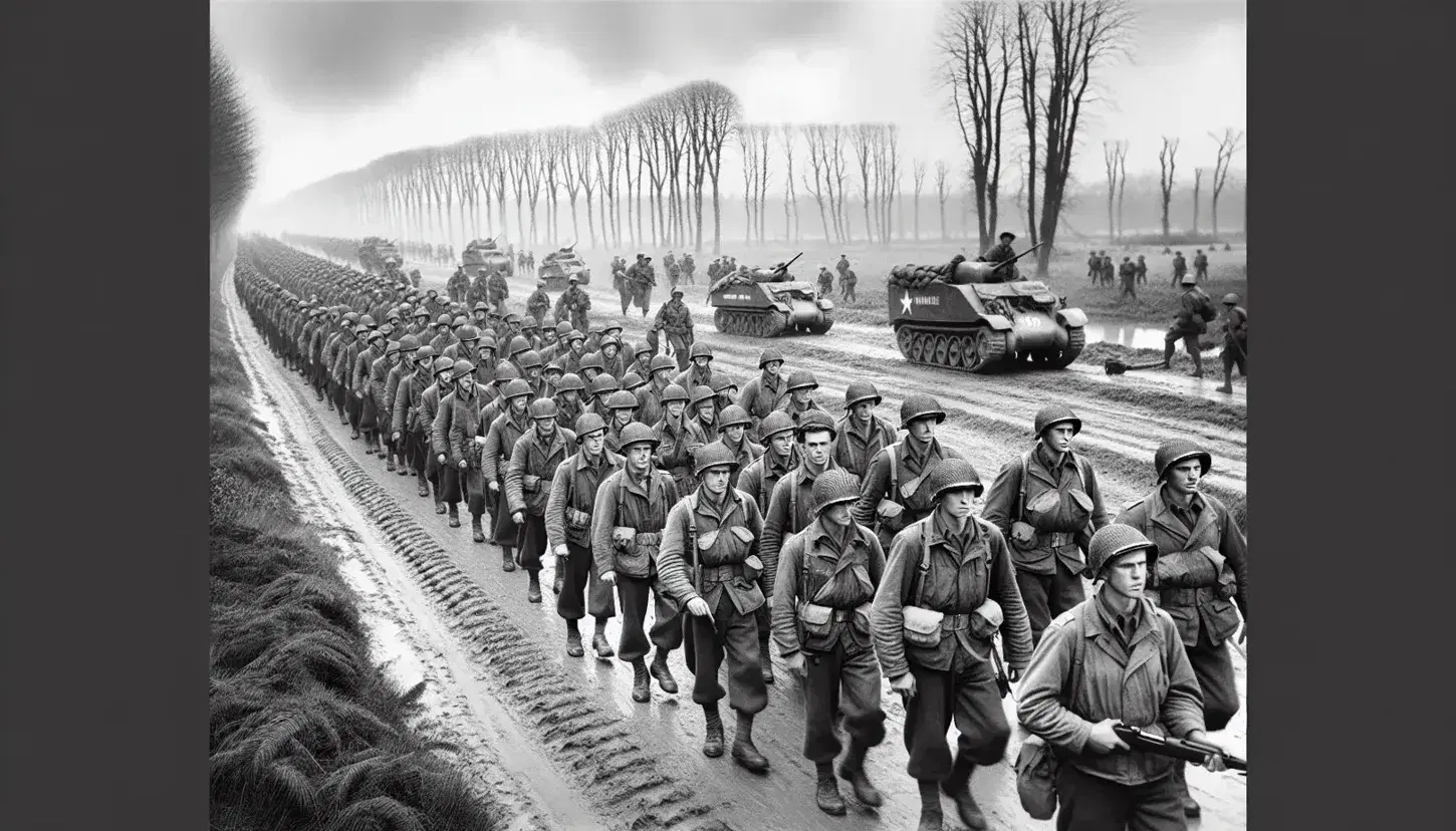 Soldati alleati in marcia su strada sterrata con elmetti, zaini e fucili, tra alberi spogli sotto cielo nuvoloso in foto bianco e nero della Seconda Guerra Mondiale.
