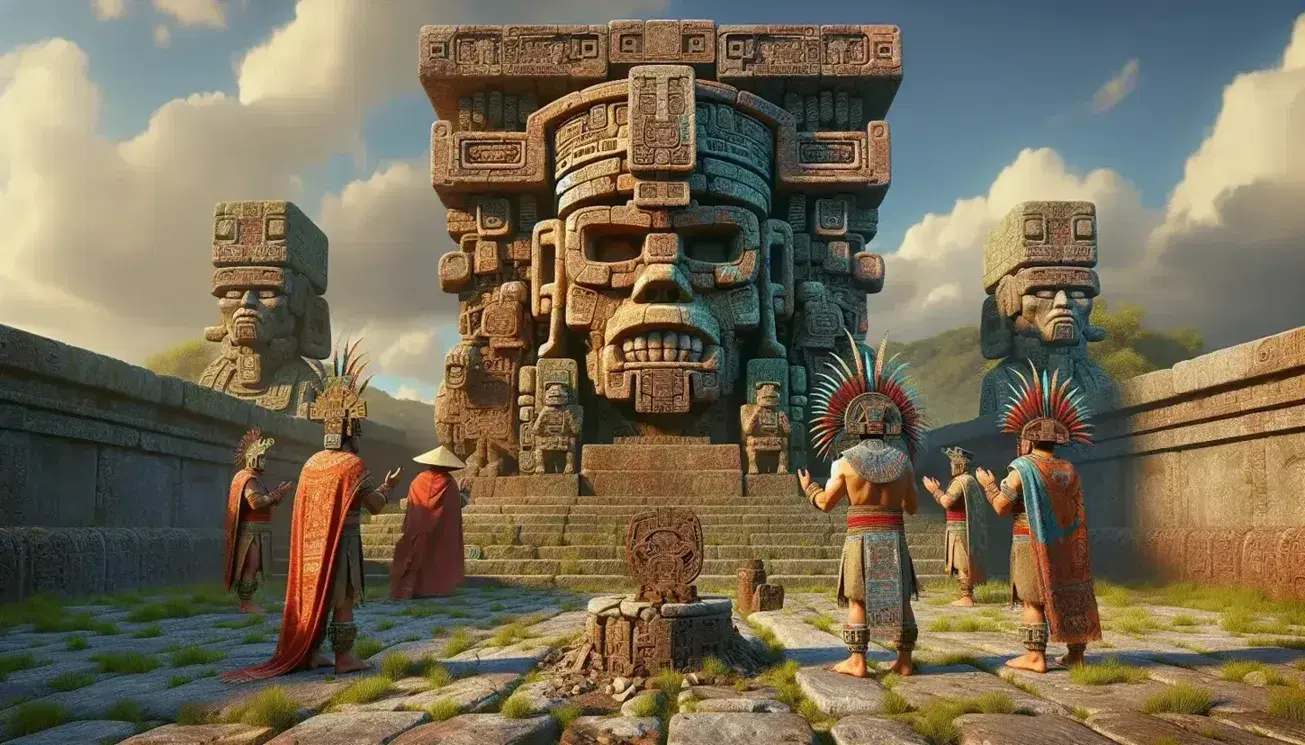 Aztec stone altar with intricate carvings under a clear blue sky, flanked by priests in ceremonial attire, with a deity sculpture and vibrant offerings.