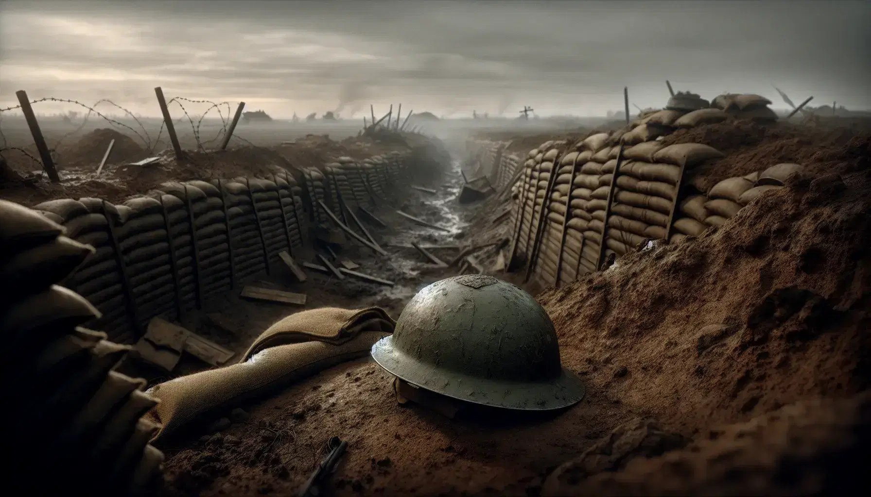 Casco militar de la Primera Guerra Mundial en un campo de batalla desolado con trincheras y alambres de púas, bajo un cielo nublado.