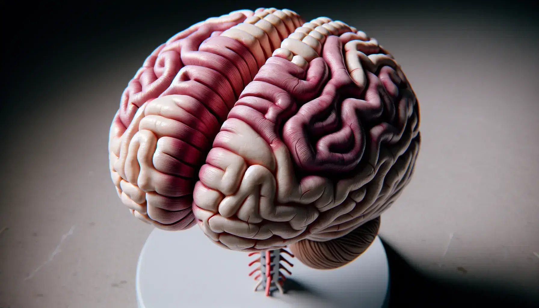 Modelo anatómico detallado del cerebro humano y médula espinal en tonos rosas y púrpuras con nervios espinales, sobre fondo neutro.