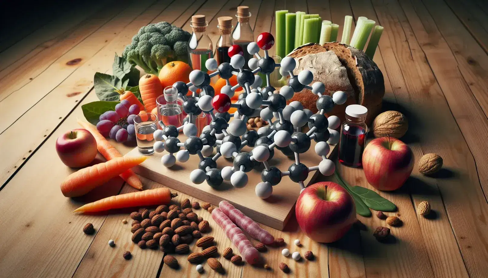 Estructura molecular 3D entre alimentos naturales como uvas moradas, manzana roja, pan integral, zanahoria, apio y almendras sobre superficie de madera.
