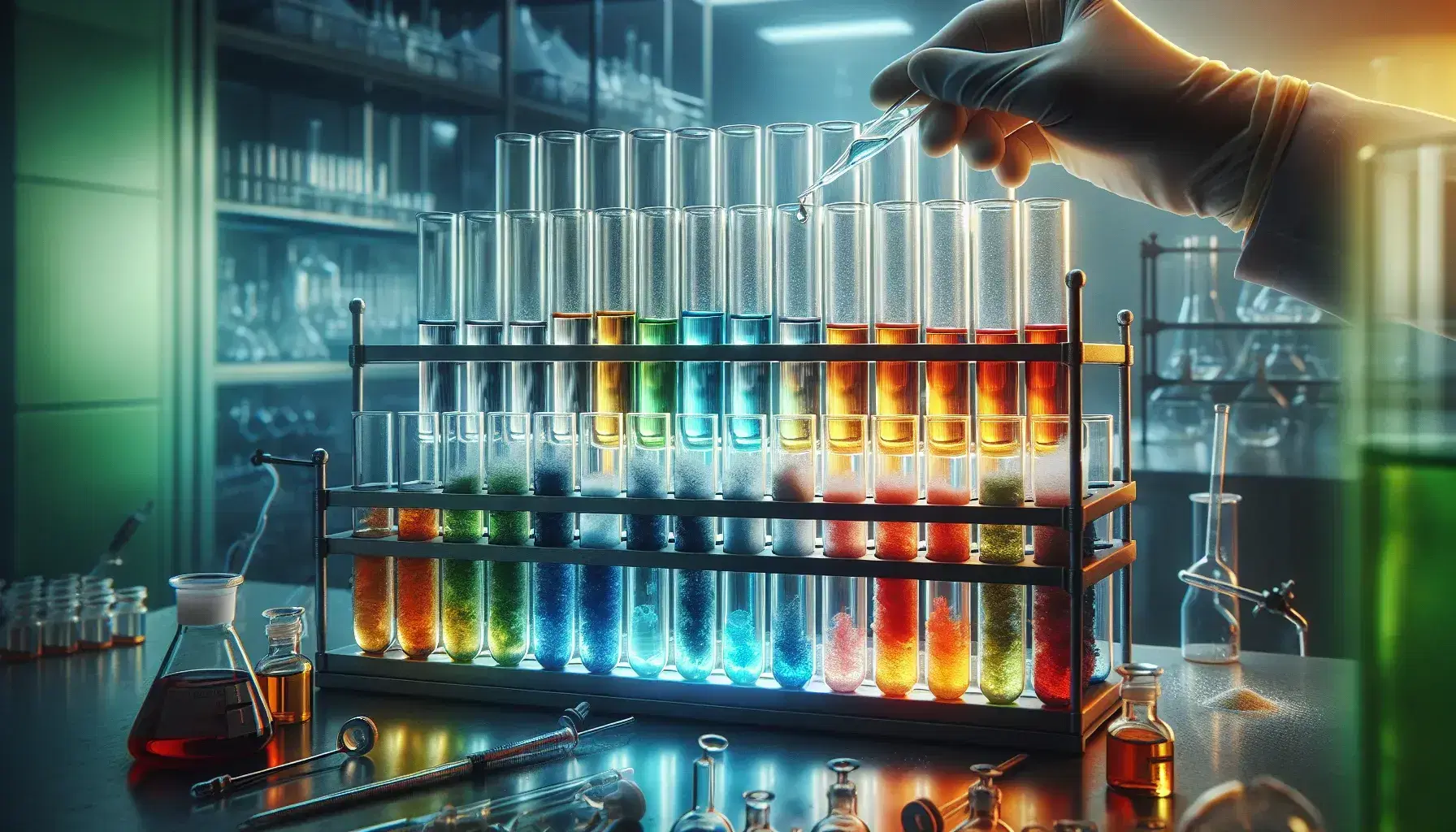 Provette in vetro con sostanze chimiche colorate su supporto metallico in laboratorio, mano con guanto versa liquido da bottiglia marrone.