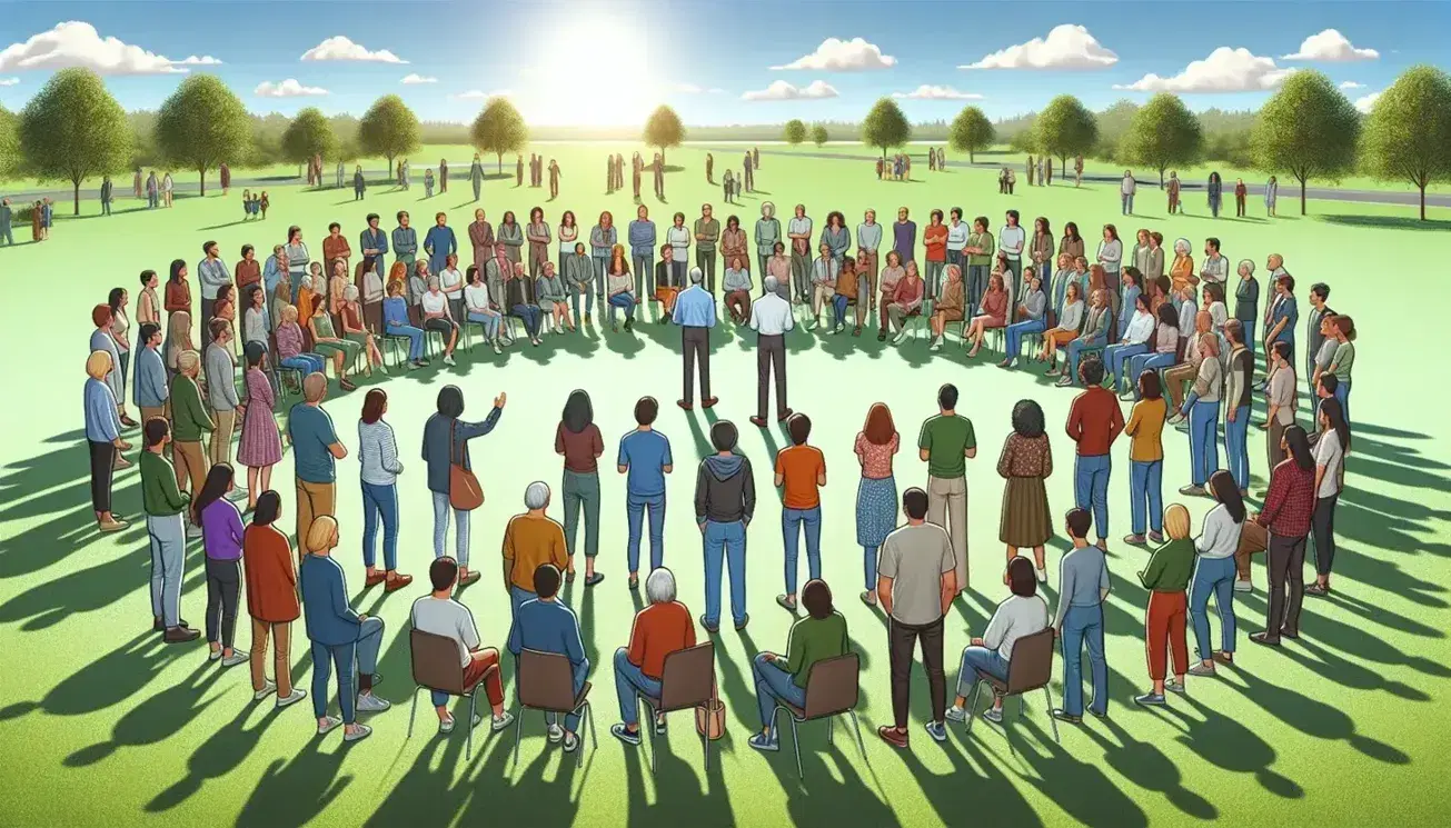 Grupo diverso de personas en reunión al aire libre en un parque, escuchando a un orador en un día soleado, promoviendo la comunicación y el diálogo.