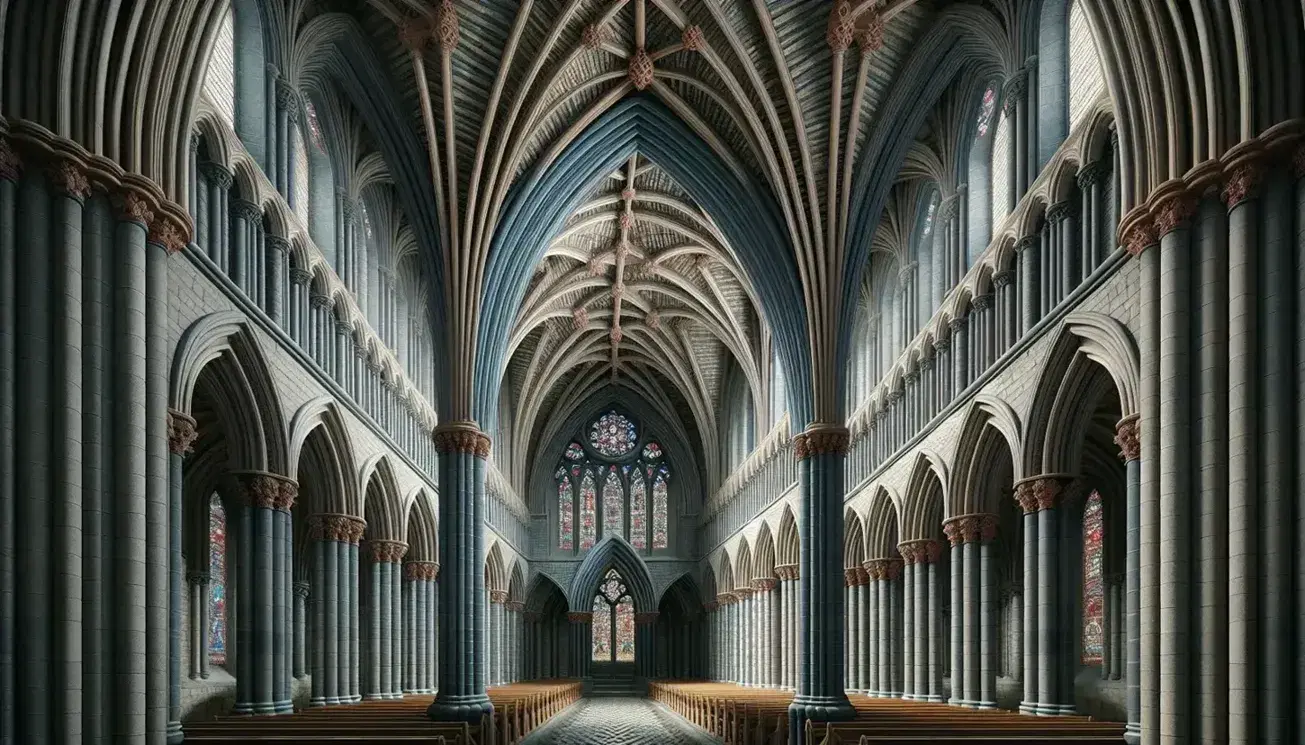 Interior de catedral gótica con arcos apuntados, vidrieras coloridas, techo abovedado con nervaduras y bancos de madera alineados.
