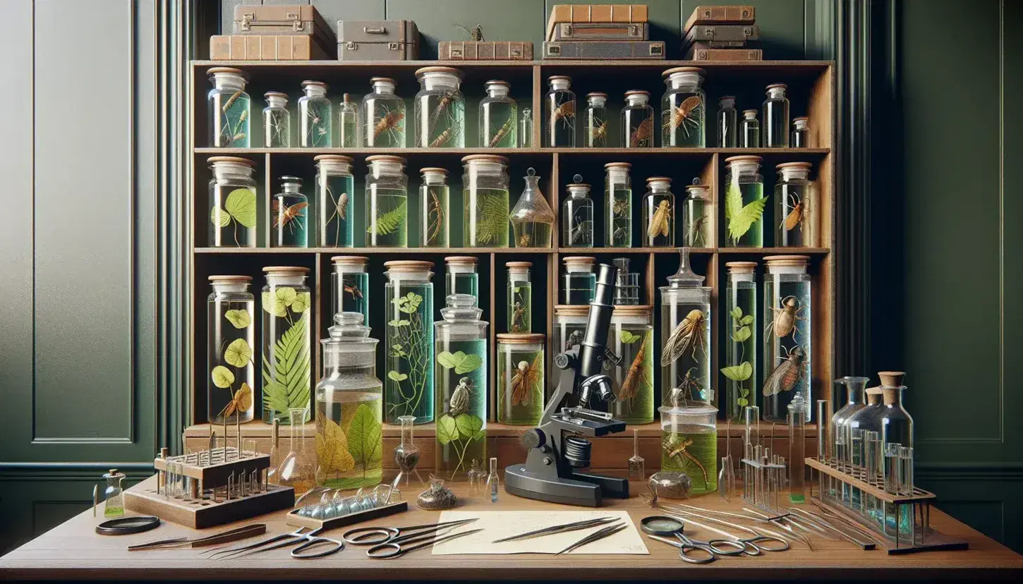 Estante de madera con frascos de vidrio que contienen especímenes biológicos y herramientas de laboratorio como pinzas y microscopio bajo luz natural.