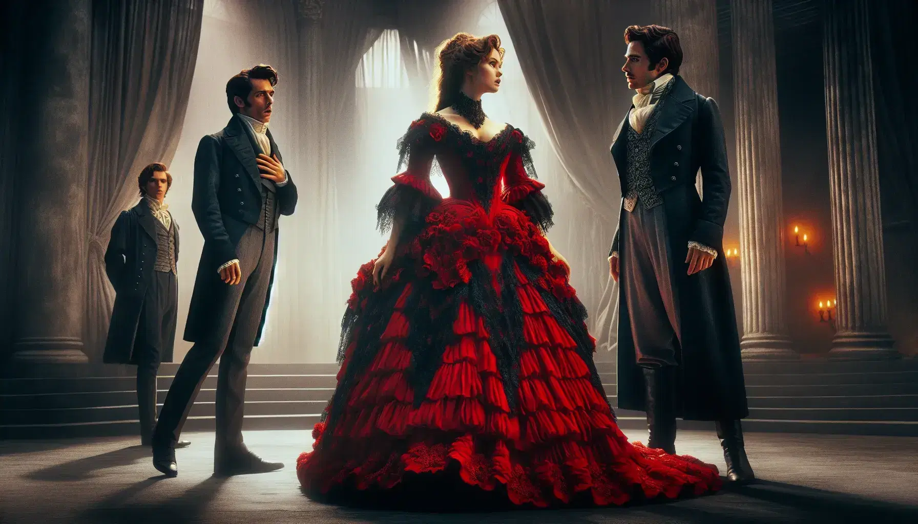 Tres actores en escena teatral de época romántica, con mujer en vestido rojo y hombres en trajes oscuros, expresiones dramáticas y fondo de columnas desenfocadas.