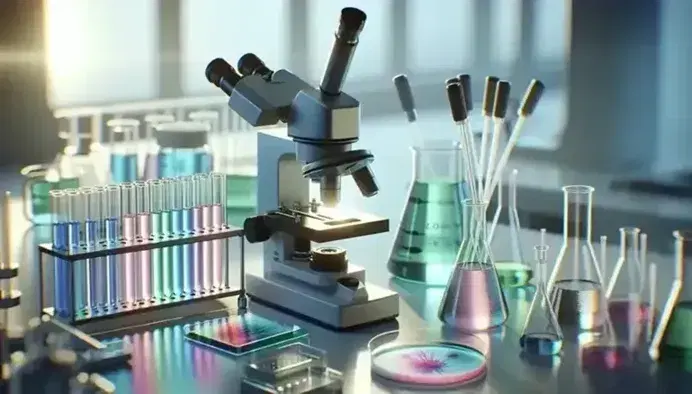 High power microscope on laboratory bench with colored slides, pipettes, electrophoresis gels and flasks with green and yellow solutions.