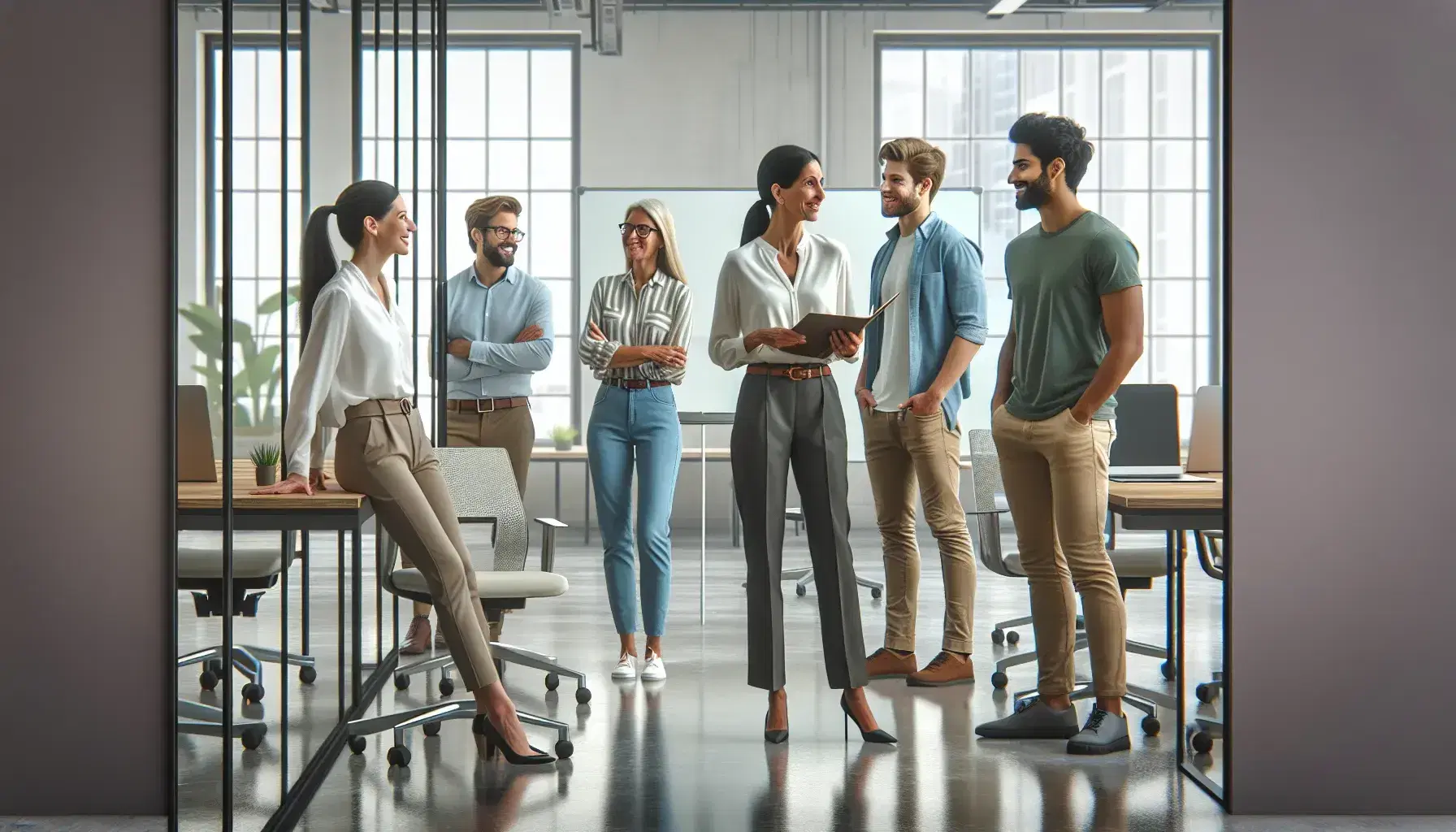 Grupo diverso de profesionales colaborando en una oficina moderna y luminosa con decoración de plantas y diseño ergonómico.