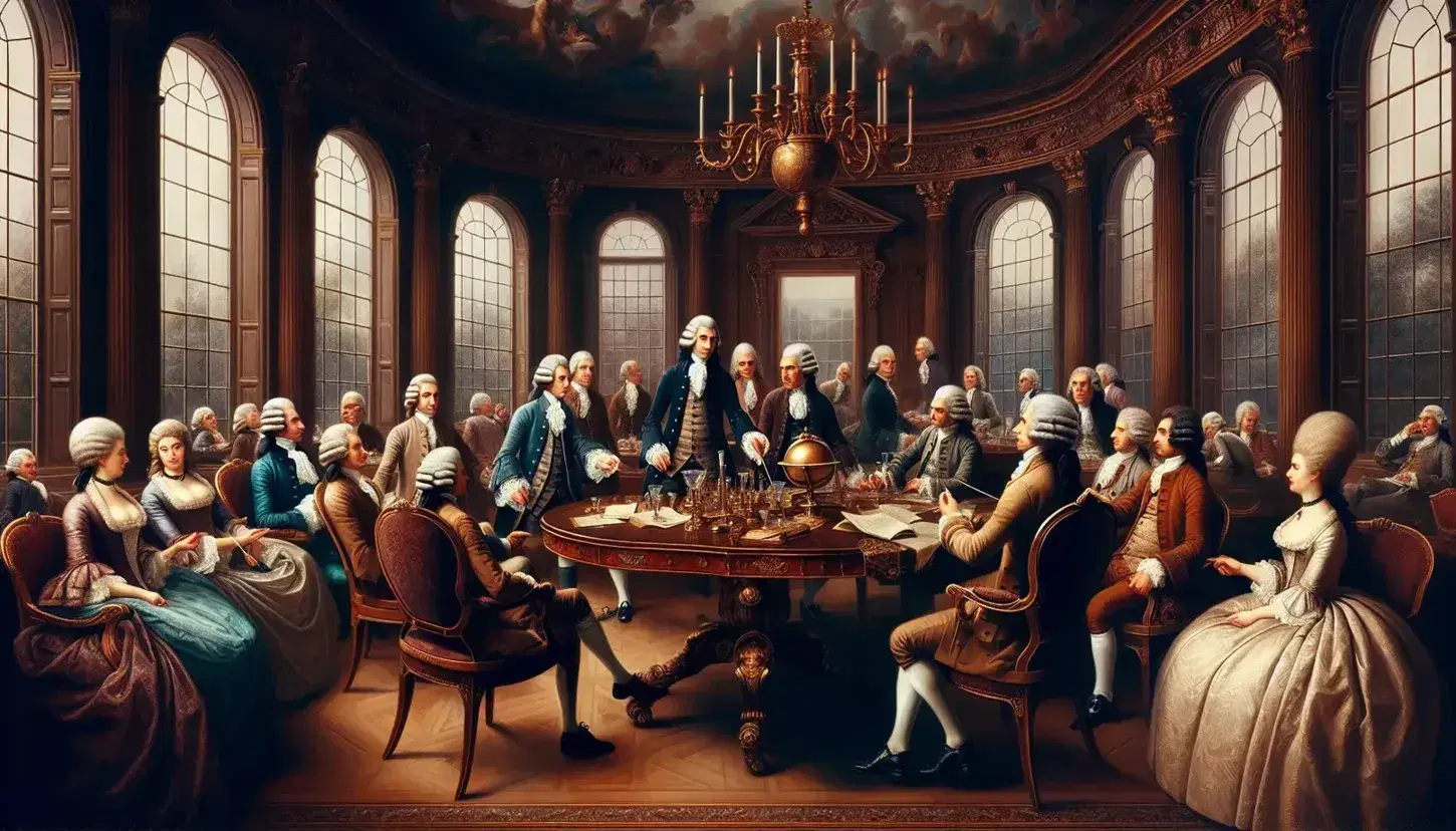 Enlightenment-era salon with diverse intellectuals in period attire discussing around a table adorned with a telescope, globe, and geometric tools.