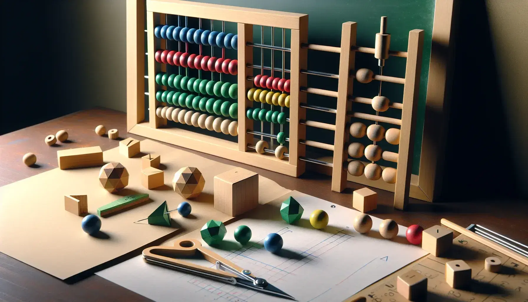 Abaco de madera con cuentas de colores, compás metálico sobre papel en blanco y figuras geométricas de madera junto a pizarra verde desenfocada.