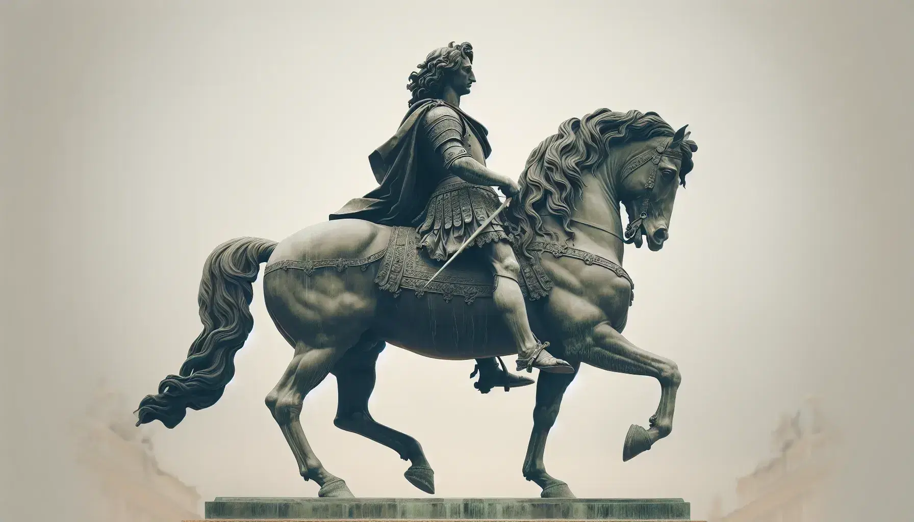 Statua in bronzo di guerriero storico a cavallo, con armatura dettagliata e cavallo in posa dinamica su base semplice.
