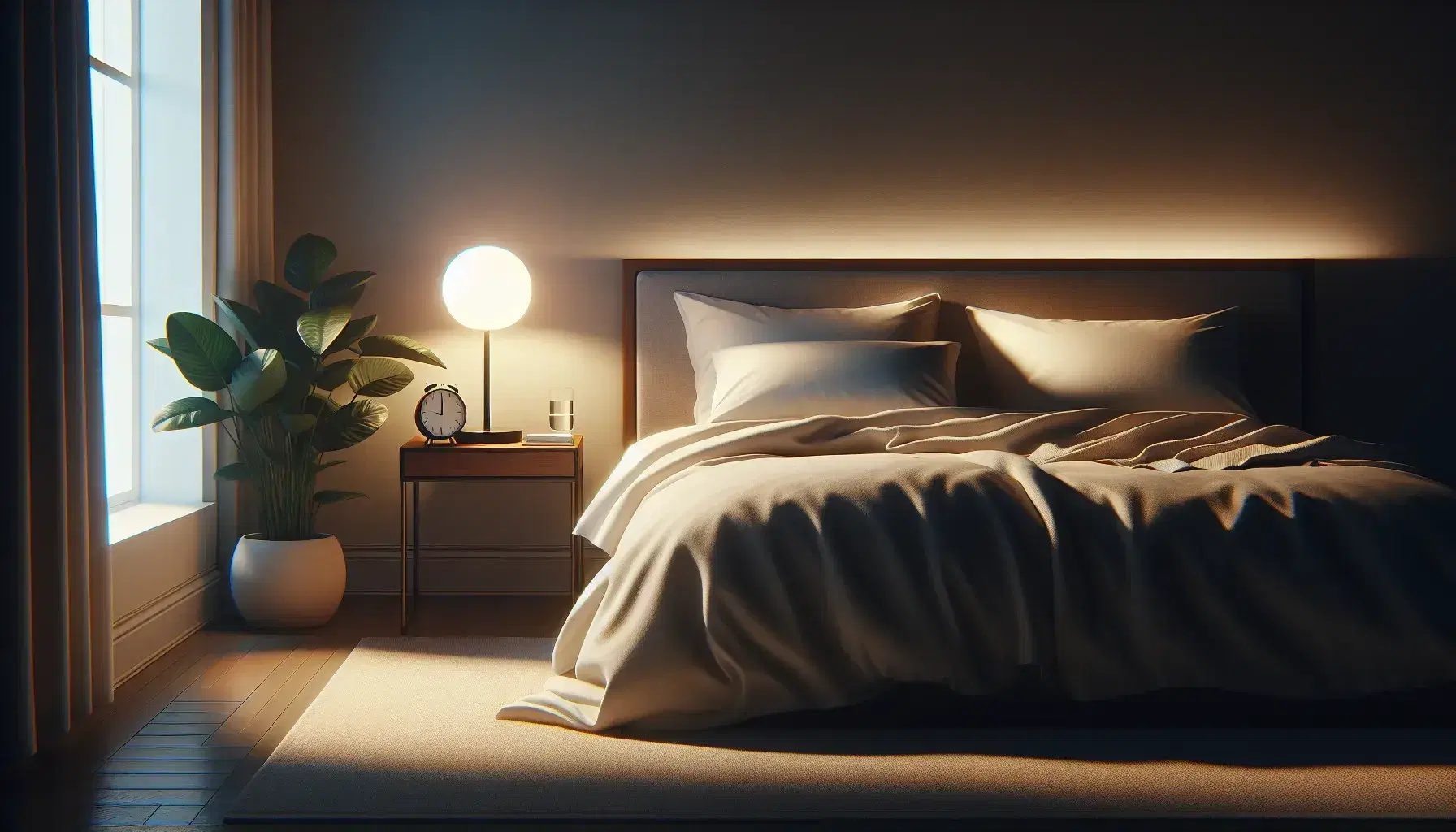 Tidy bedroom with central bed, white duvet, fluffy pillows, analogue clock on the bedside table, green plant in the foreground and soft light.