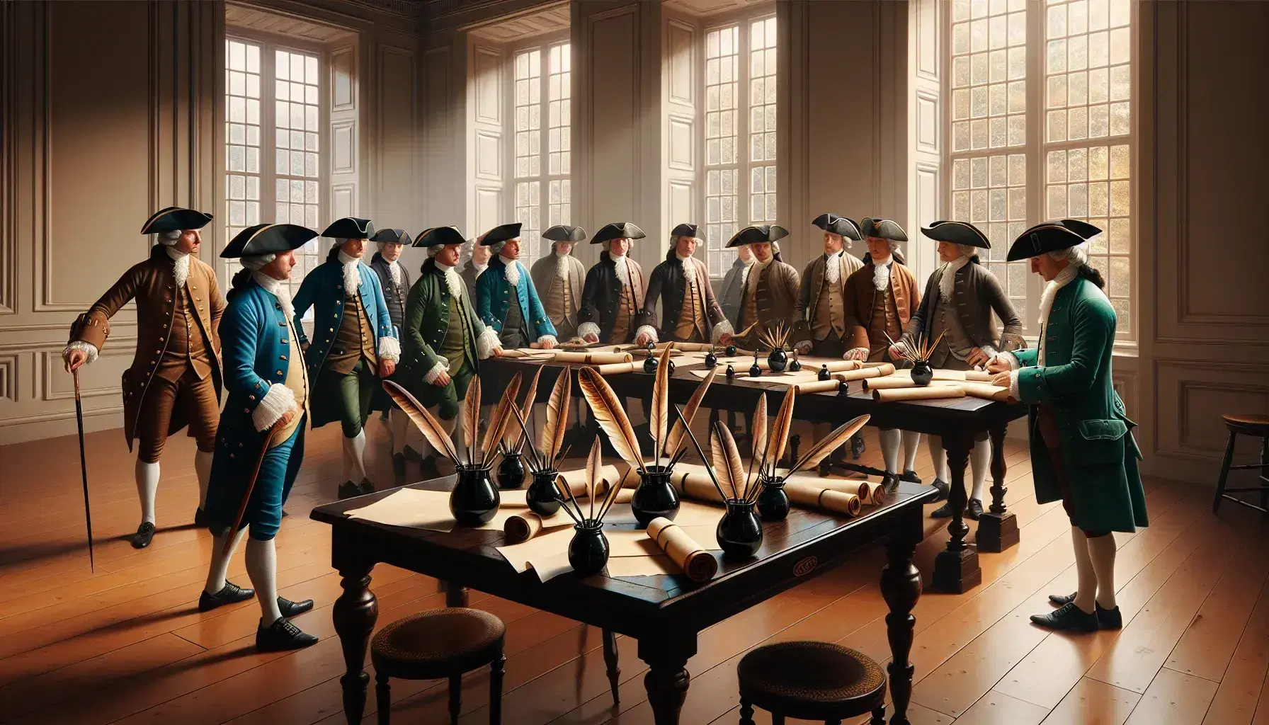 Late 18th-century scene with men in waistcoats and tricorn hats discussing around a wooden table with quills, inkwells, and parchments in a sunlit room.
