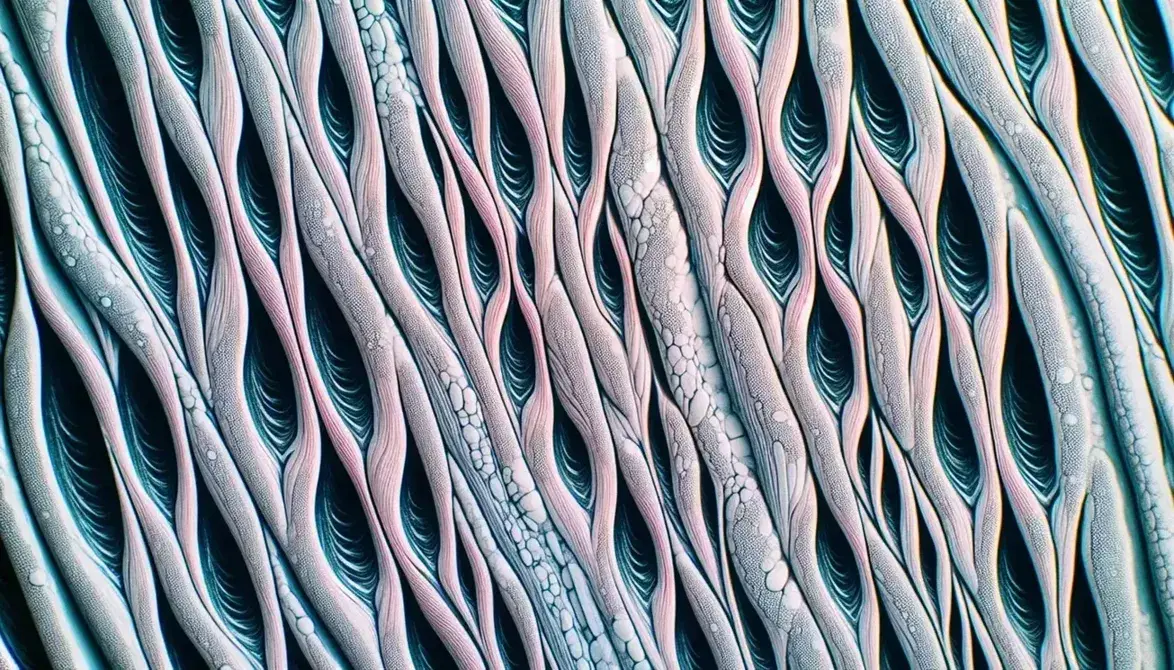 Fibras de músculo esquelético estriado bajo microscopio, mostrando bandas claras y oscuras alternadas con líneas centrales, en tonos grises y rosados.