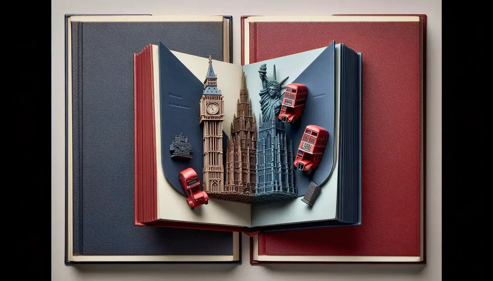 Two hardcover books form a V shape with a Big Ben model nestled between them, flanked by a red bus on the left and the Statue of Liberty on the right.