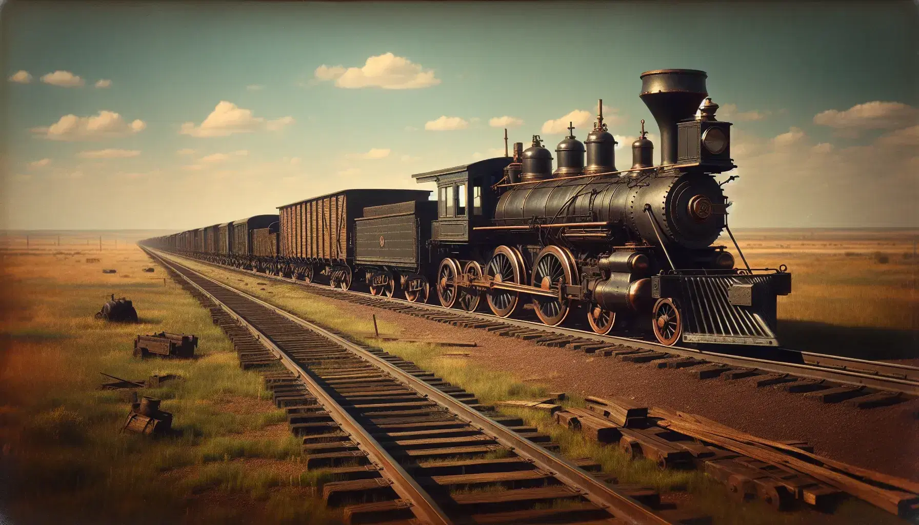 Locomotora de vapor del siglo XIX en reposo sobre vías férreas, con vagones de madera y paisaje de campo abierto bajo cielo azul.