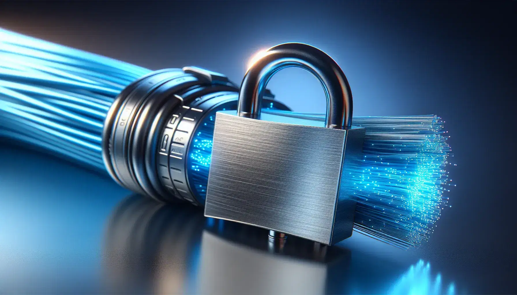 Close up of a metal padlock on twisted blue fiber optic cable, with dark blue to black gradient background.