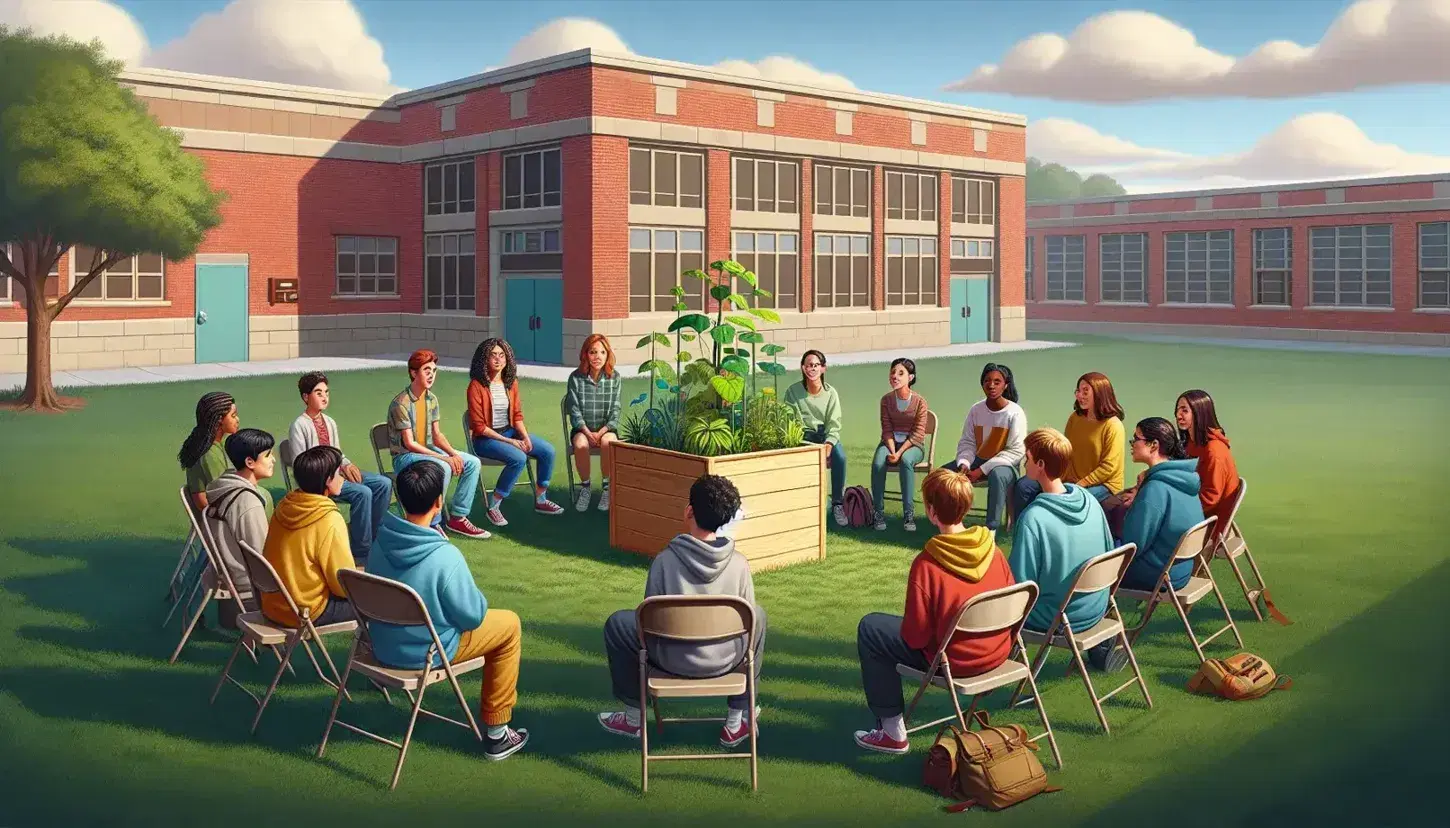 Grupo de adolescentes diversos sentados en círculo en un jardín escolar participando en un proyecto de jardinería comunitaria, con un adulto facilitador y un edificio escolar al fondo.