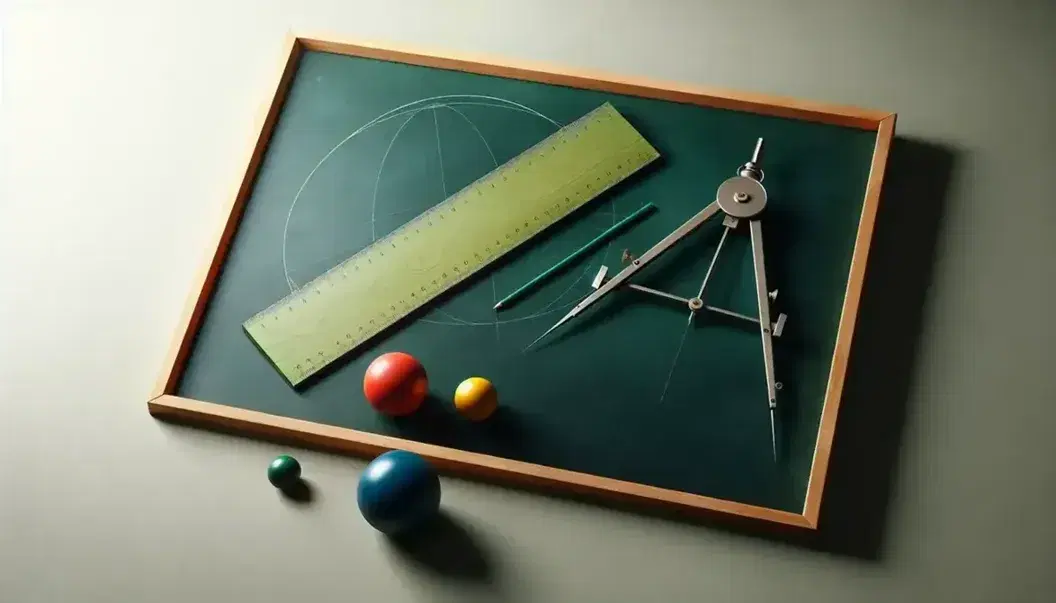Pizarra verde oscuro con regla de madera, compás metálico, esferas de colores y cono naranja sobre mesa con calculadora científica.