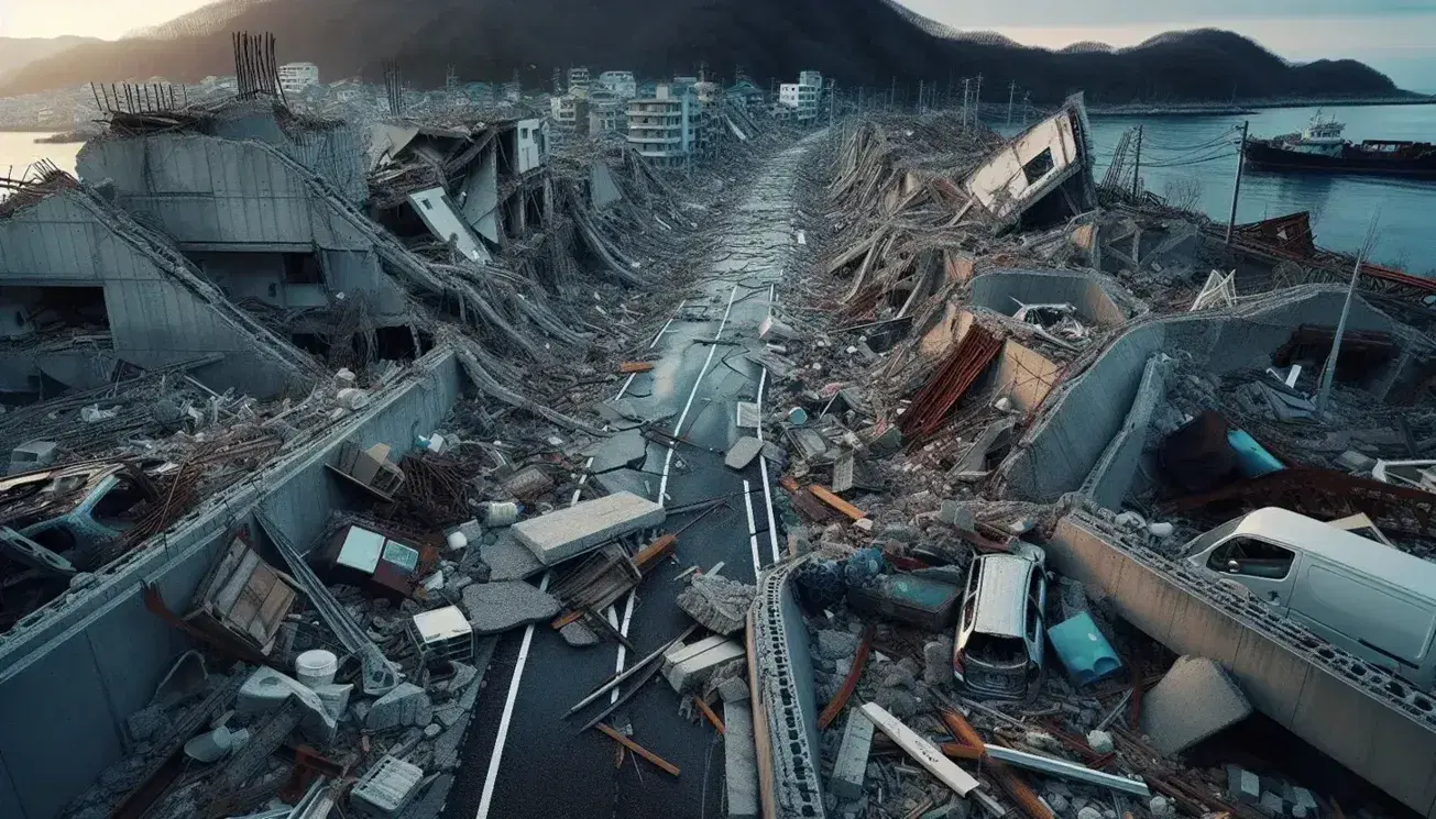 Strada asfaltata danneggiata con crepe e detriti post-terremoto e tsunami, edificio parzialmente crollato e alberi spezzati sullo sfondo.