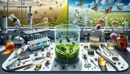 Scene divided with a laboratory containing a terrarium of fruit flies and an external environment with a flowering meadow and colorful butterflies.
