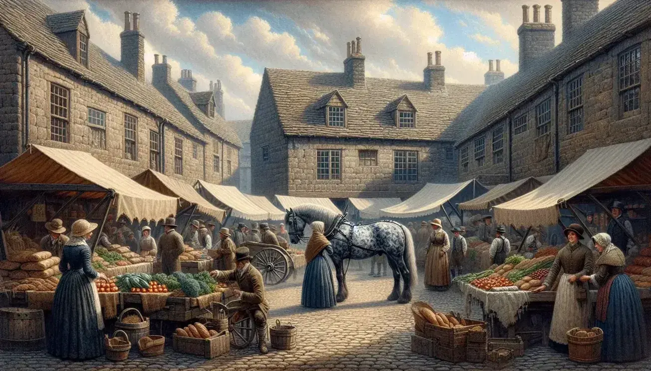 Rustic 19th-century English market scene with bustling stalls, a horse-drawn cart, townsfolk in period attire, and a stone fountain.