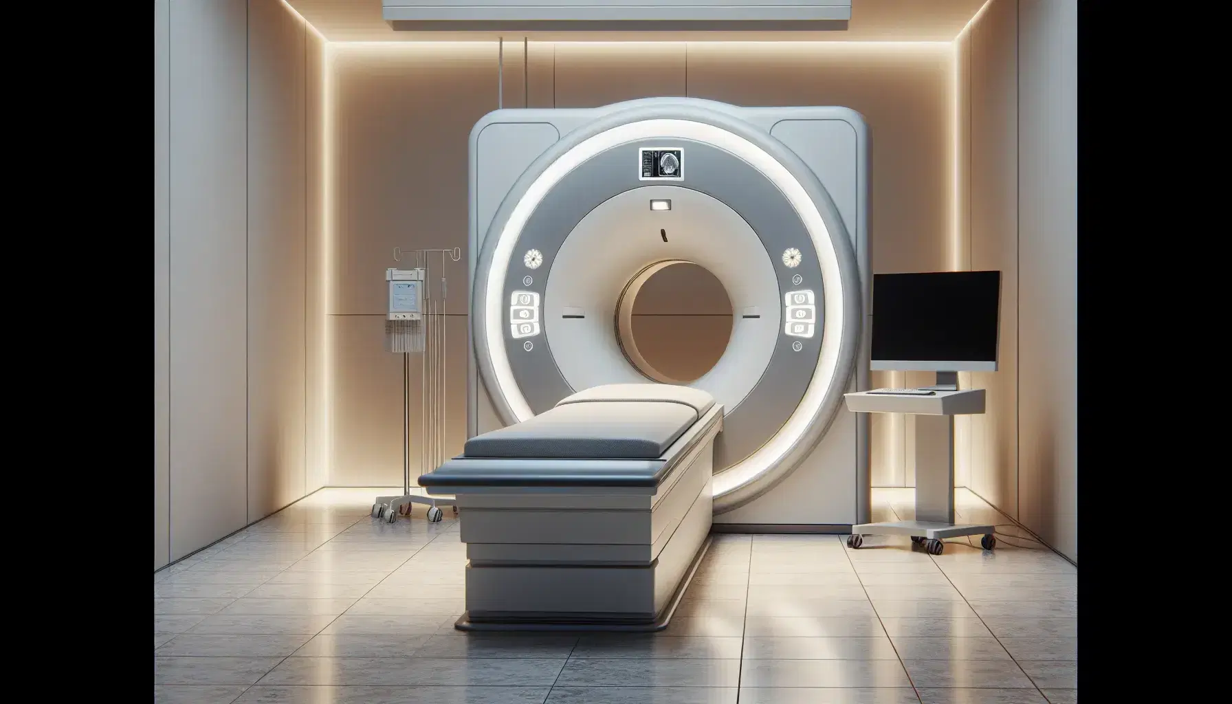 Máquina de Resonancia Magnética cilíndrica en sala médica con cama deslizable, monitor apagado y suelo de baldosas grises.