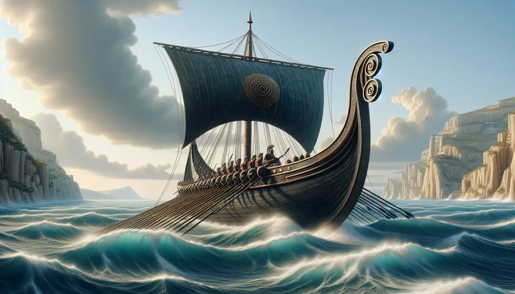 Trireme greca in legno scuro con remi e prua affilata in mare blu, guerriero in armatura con scudo e lancia su costa rocciosa.