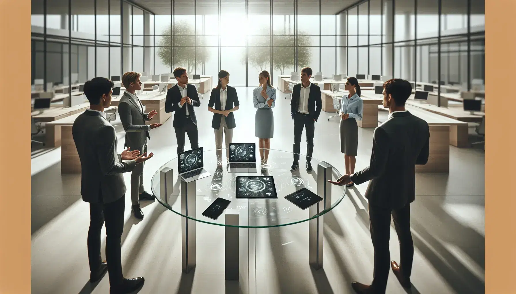 Grupo de cinco profesionales en oficina moderna con mesa redonda de vidrio, dispositivos electrónicos y ventana con luz natural.