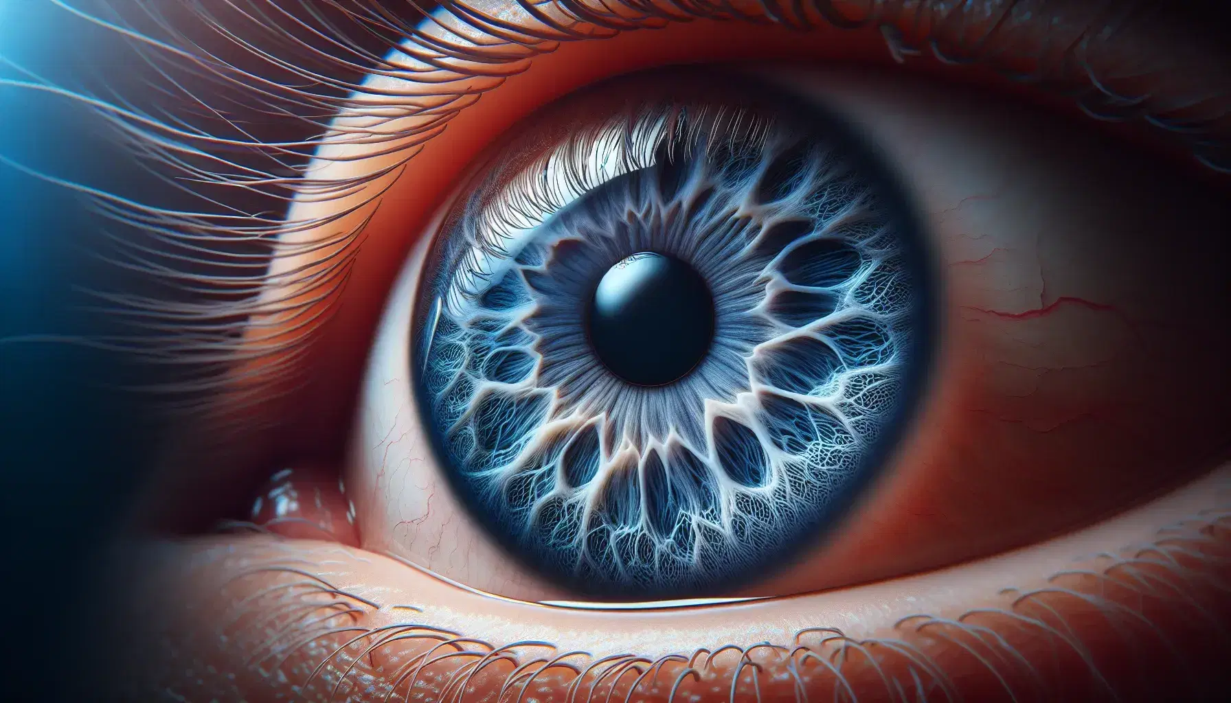 Primer plano de un ojo humano con iris azul profundo y pupila dilatada, rodeado de pestañas definidas y esclerótica blanca con finas venas rojas.