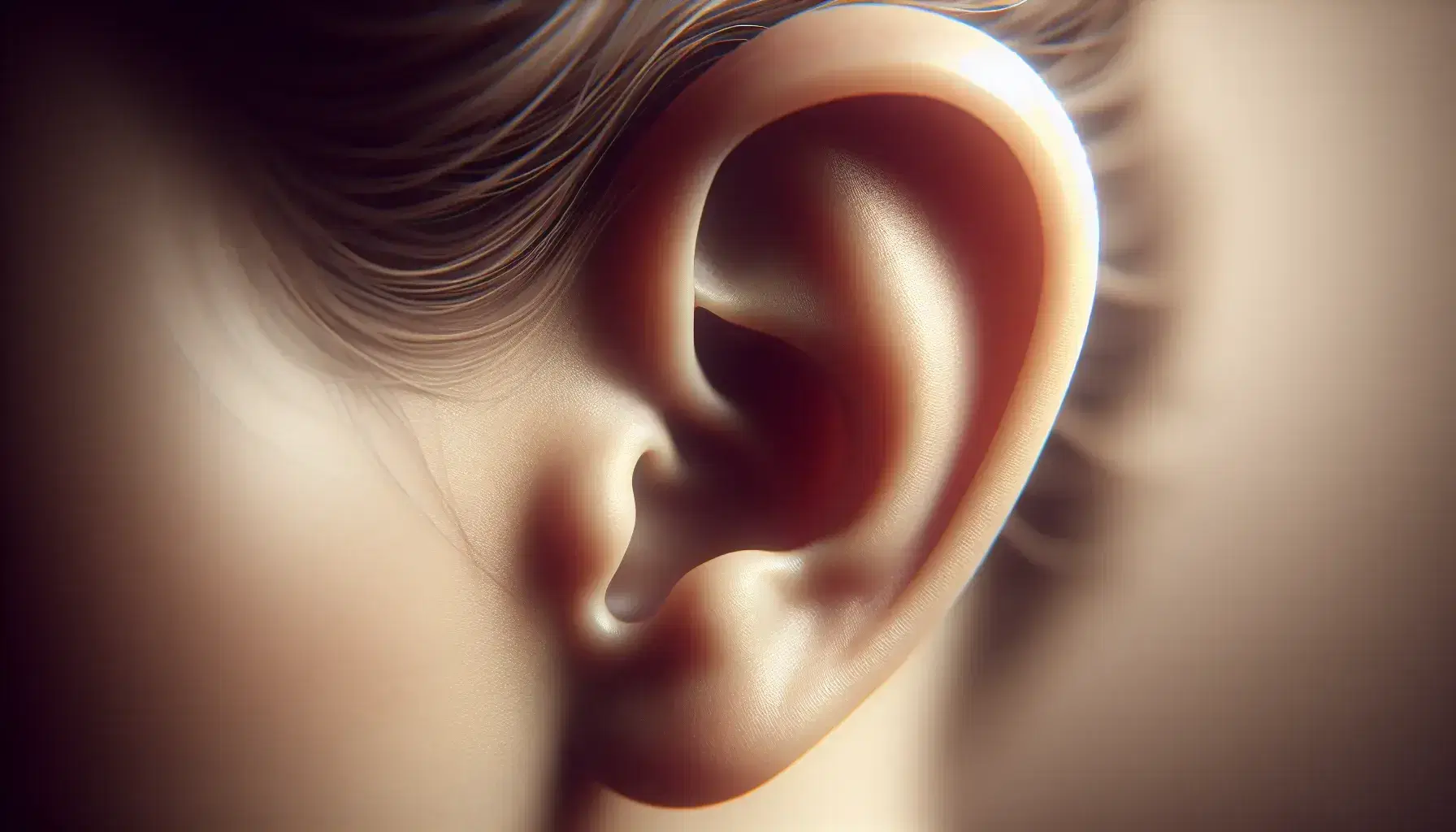 Close-up view of a human ear showing the outer ear, ear canal entrance, and earlobe against a blurred neutral background, highlighting anatomical details.