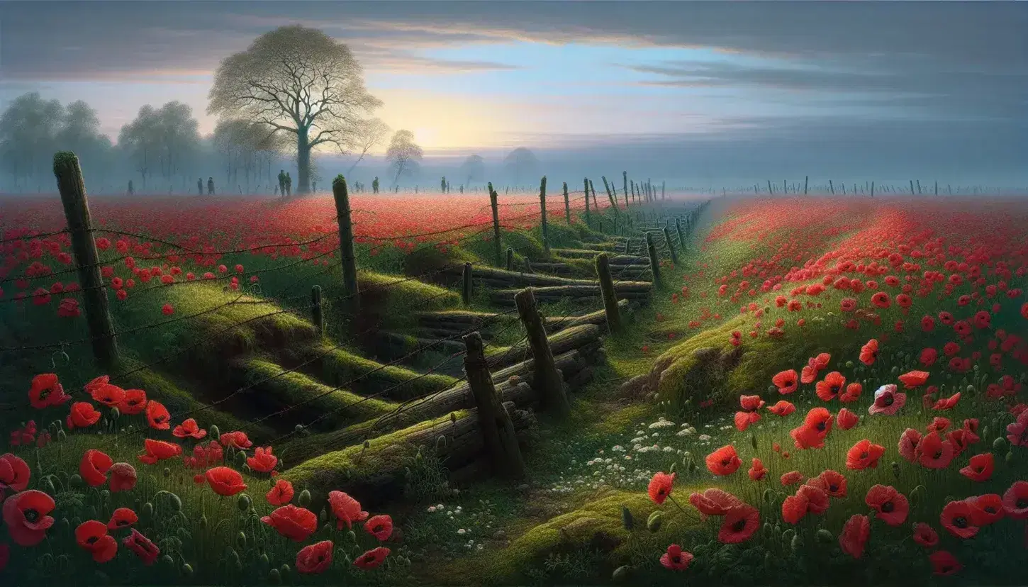 Serene landscape with red poppies and green grass, rusted barbed wire, overgrown trenches, and a bare tree against a soft blue-gray sky.
