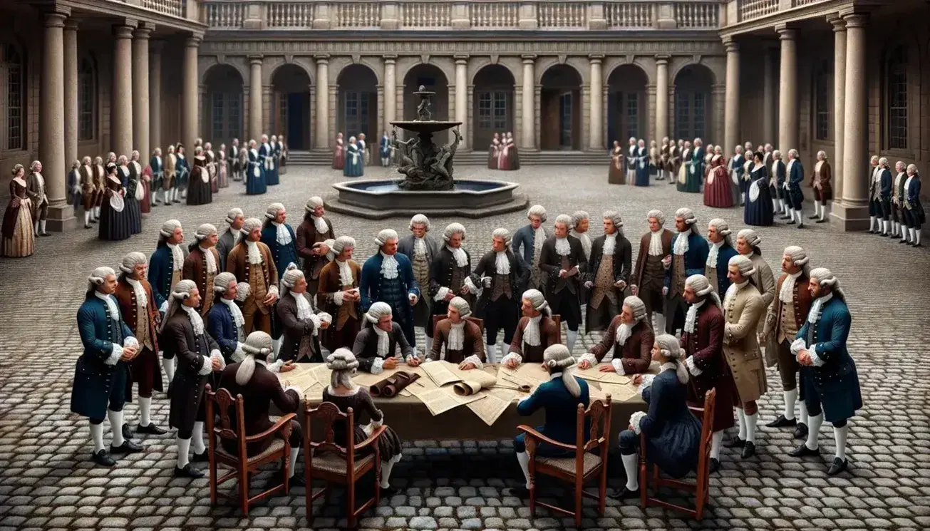 Grupo de personas en vestimenta del siglo XVIII debatiendo documentos en patio de palacio barroco con fuente y soldados al fondo.