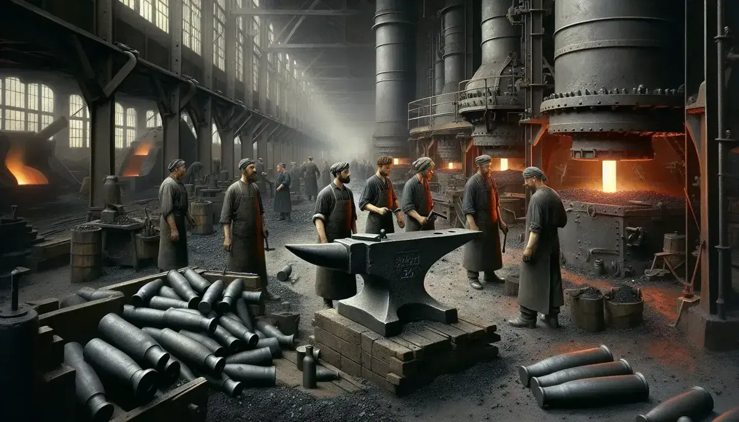 Fucina industriale inizio '900 con operai in tenuta da lavoro, incudine centrale, macchinari a vapore e proiettili d'artiglieria.