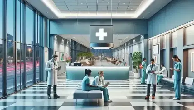 Busy hospital lobby with doctor, nurse and administrator assisting patients, furnished with plants and abstract paintings, checkered floor.