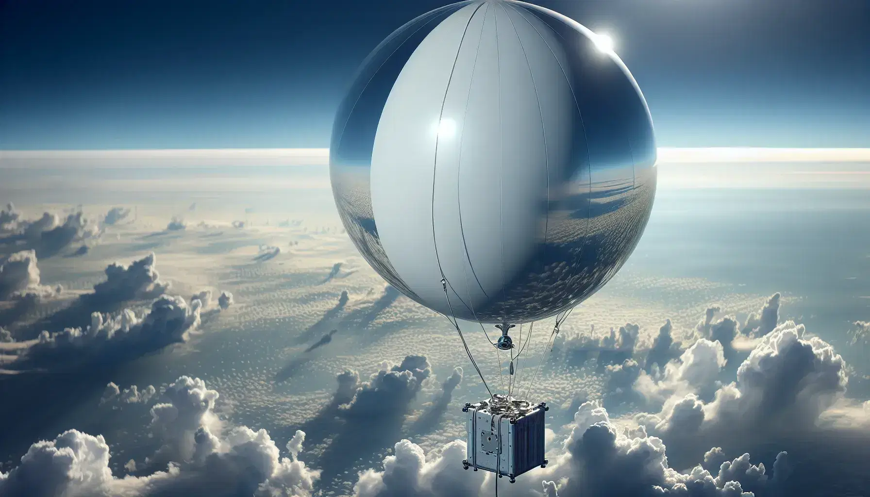 Pallone meteorologico bianco sferico sale nel cielo azzurro con strumentazione scientifica agganciata, circondato da nuvole sparse.