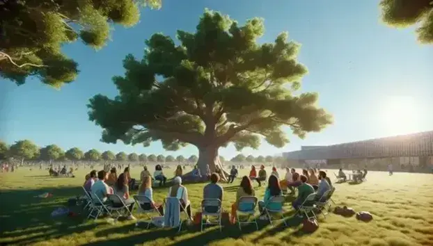 Gruppo di persone sedute in cerchio su sedie pieghevoli sotto un albero rigoglioso in un'area aperta, discutendo attivamente in una giornata soleggiata.