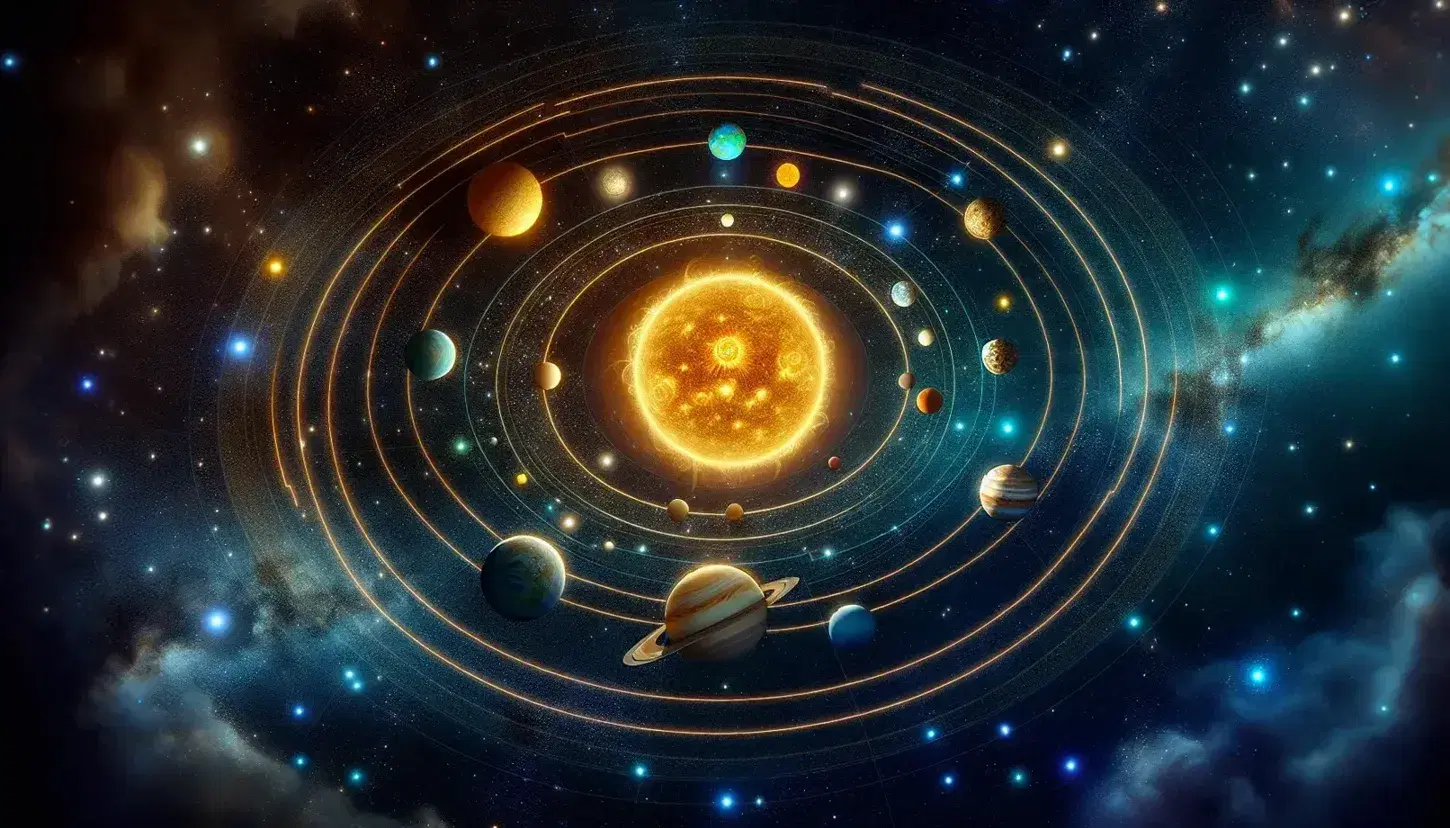 Rappresentazione artistica del sistema solare con Sole e pianeti su orbite ellittiche su sfondo stellato e nebulose blu-viola.