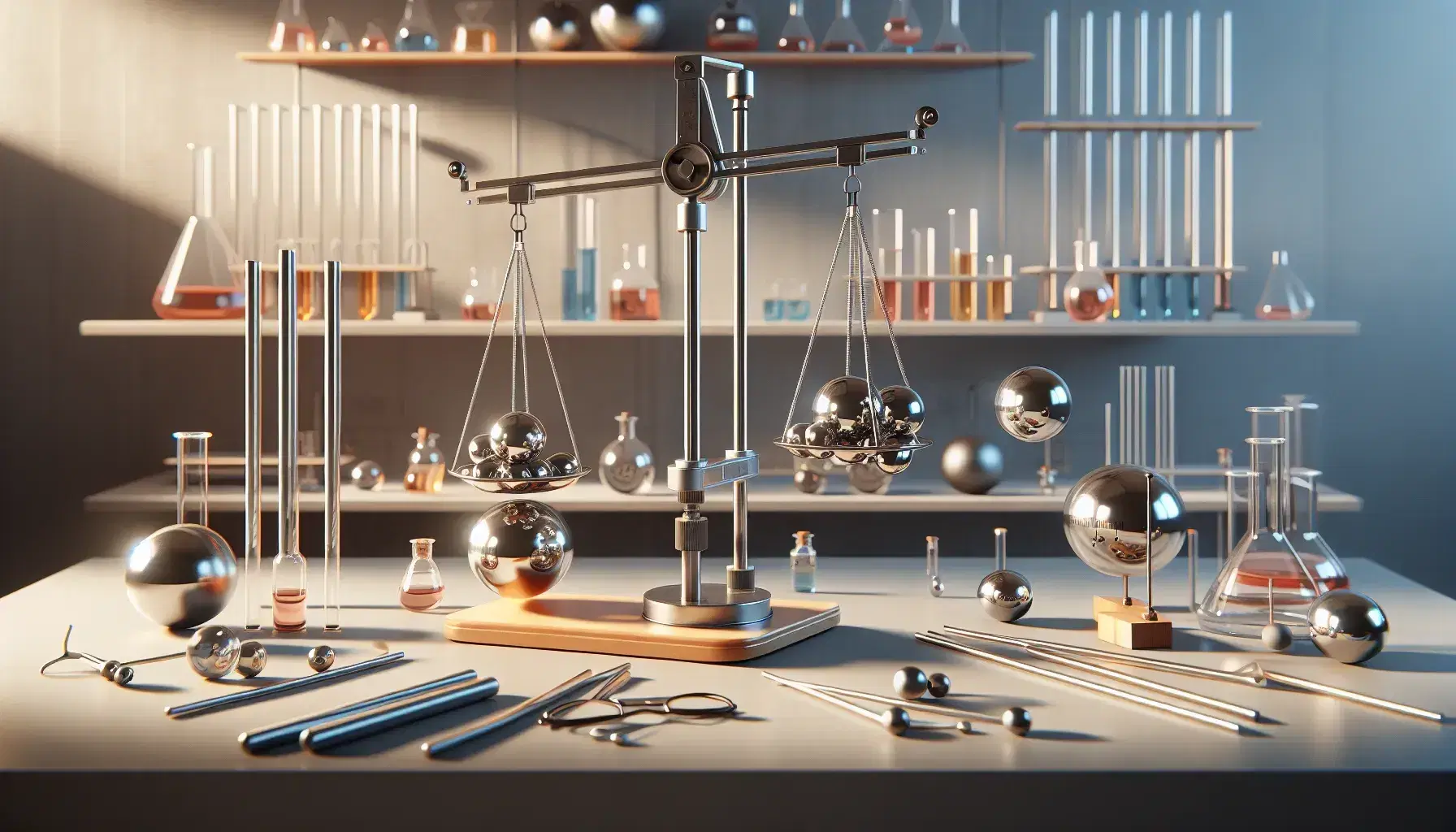 Laboratorio de física con balanza de torsión y esferas metálicas, varillas de diferentes materiales y frascos de líquidos coloreados en estante.