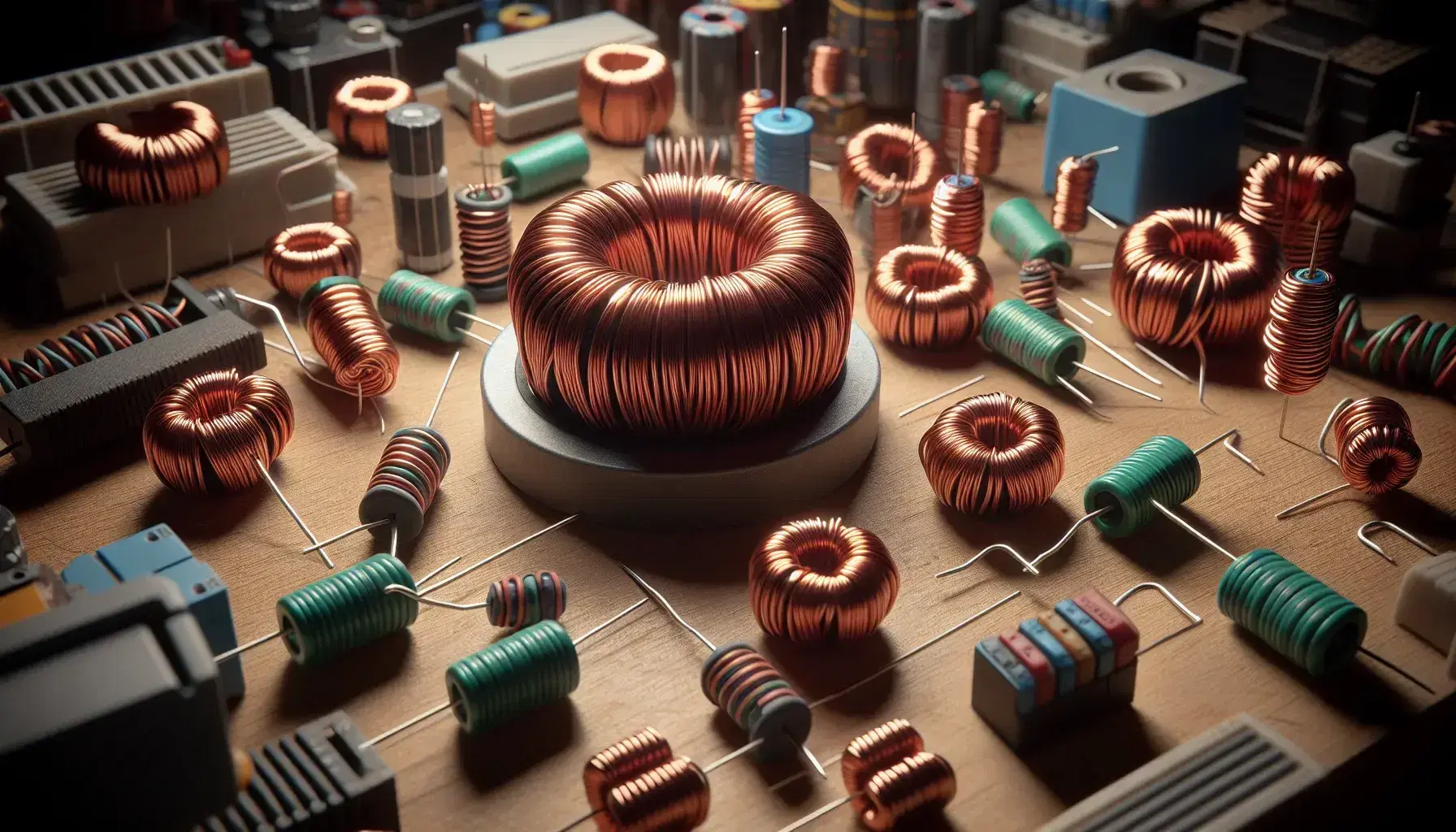 Close-up of various inductors on a wooden bench, featuring a large cylindrical inductor with copper wire and smaller axial and toroidal inductors.