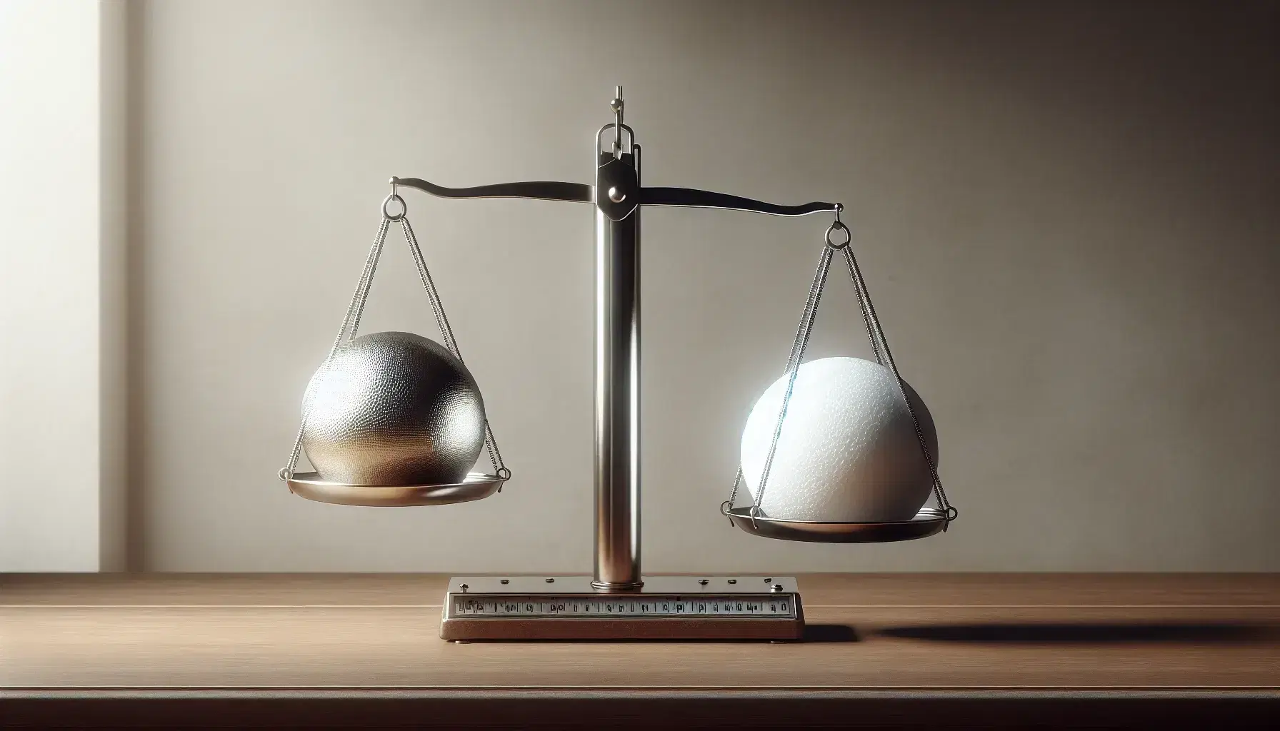 Bilancia a due piatti in equilibrio con sfera metallica e sfera di polistirolo su tavolo di legno, illuminazione naturale da finestra.