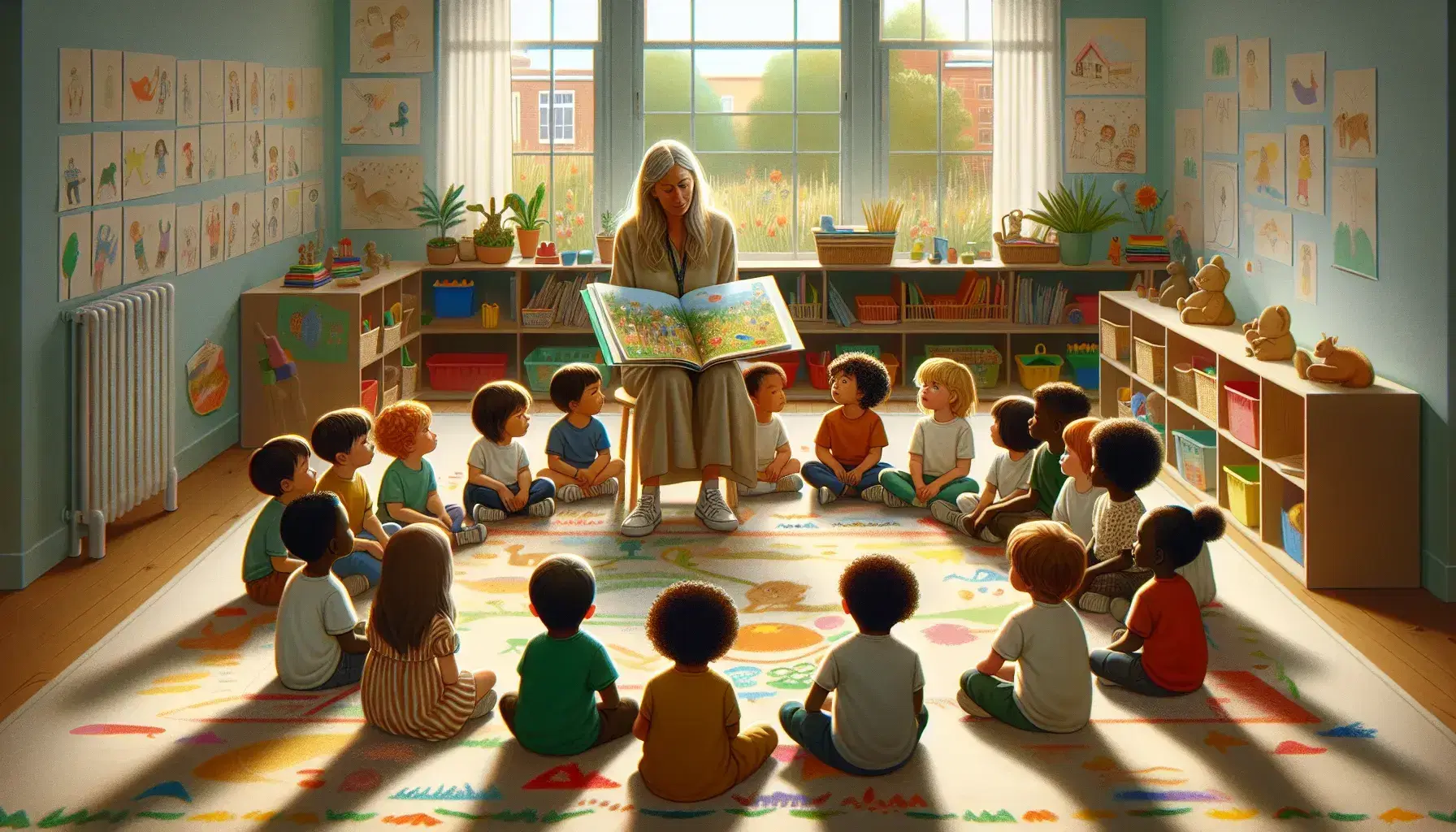 Niños atentos escuchando a maestra leer libro ilustrado en aula luminosa con juguetes educativos y decoración infantil.